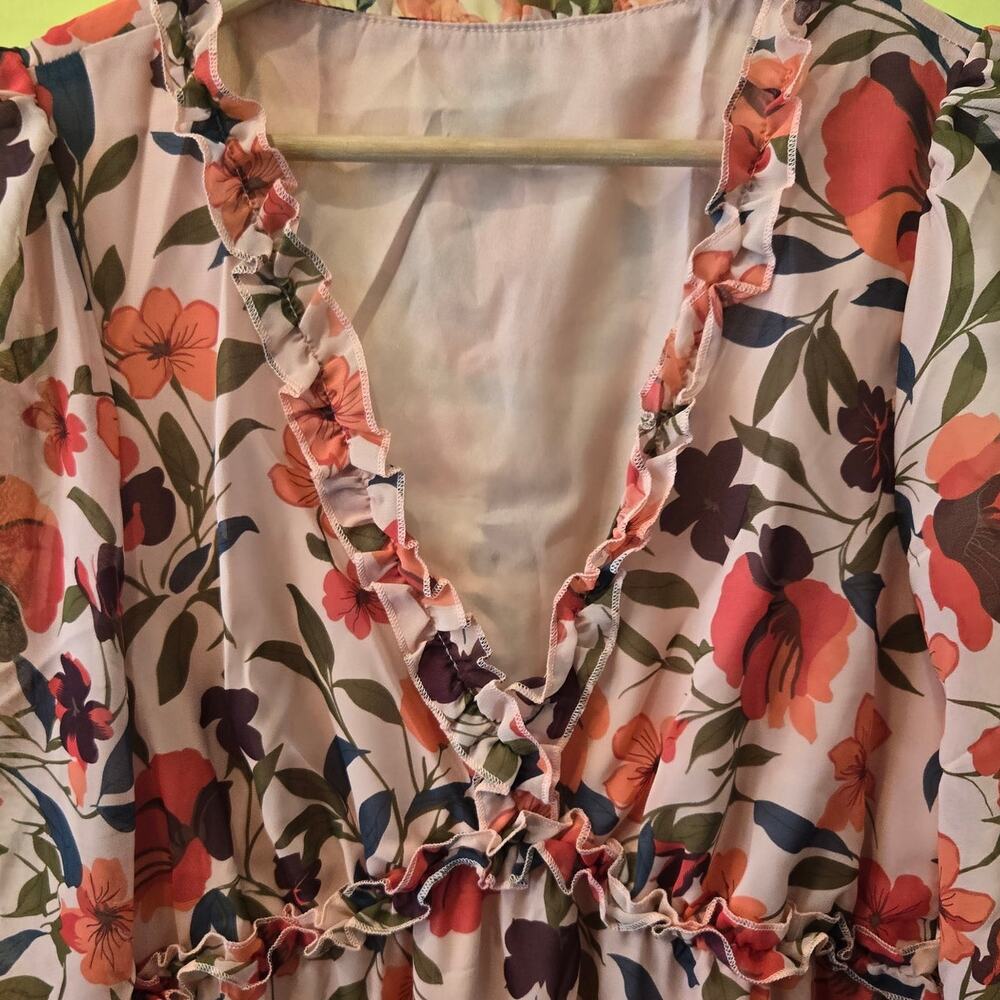 NWT Medium Pink Floral V-Neck Long-sleeved Midi Dress [0176-P] - Picture 3 of 9